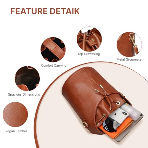 Women's Drawstring Bucket Bag Crossbody Purse Faux Leather Hobo Handbag with Adjustable Strap for Everyday Essentials3