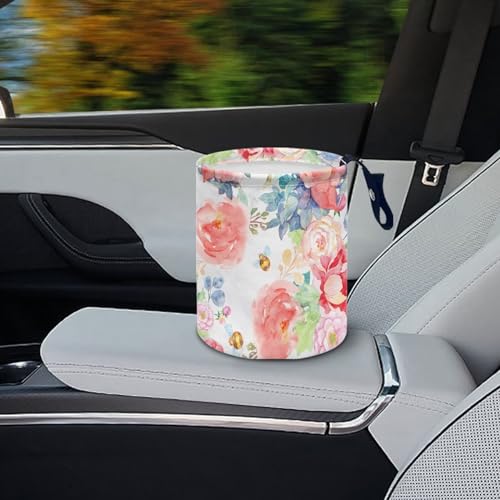 Image of Portable Dustbin Bin Waste Basket Pink Red Flowers Car Accessories Interior Foldable Car Trash Can Collapsible Waste Basket Bin Small Trash Can
