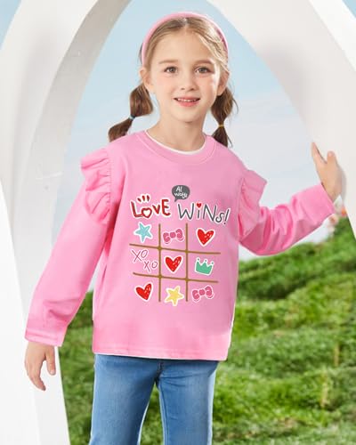 Tkria Valentine Girl Shirt Love Heart Bees Dinosaurs Kisses and Hugs Ruffle Long Sleeve Tee Top 1-7 Years4