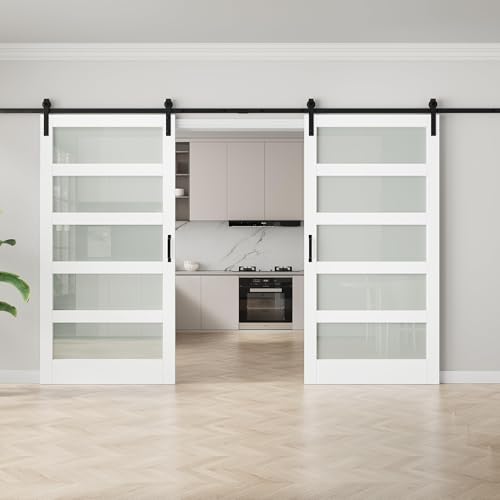 Image of 84 inchx84 inch Frosted Glass Barn Door with 14FT Sliding Hardware & Handle, White