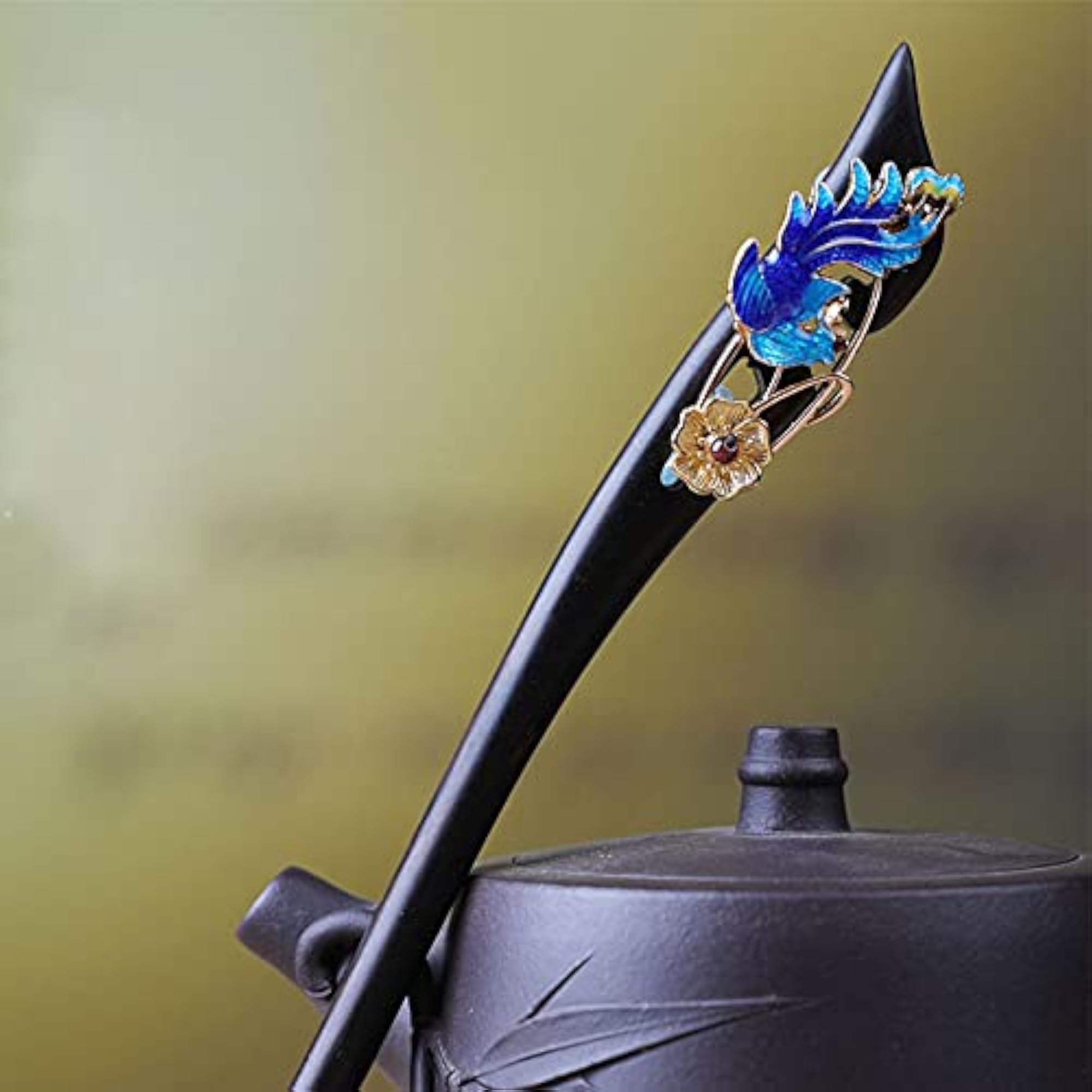 Chinese Cloisonne Wooden Hair Stick, Elegant Bun Maker