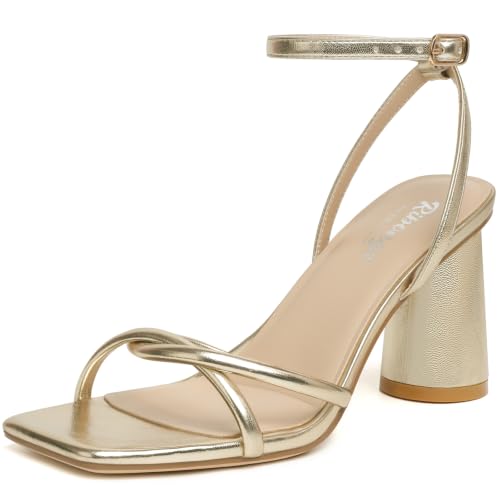 Image of RIBONGZ Block Heels Prom Heeled Sandals for Women Chunky Square Open Toe Strappy High Heels Ankle Strap Wedding Bridal Shoes High Heel Sandals for Party Dress