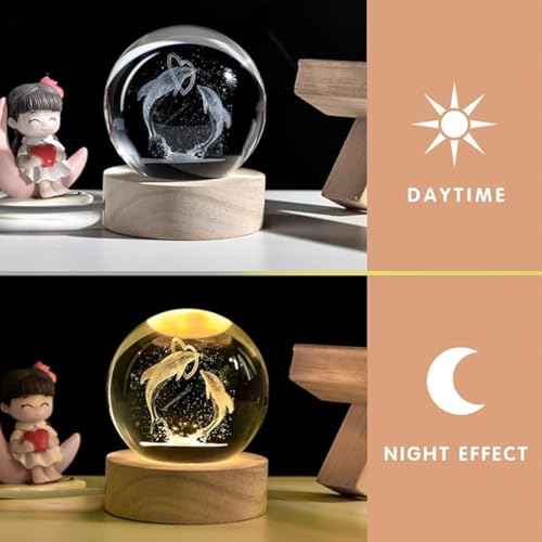 Image of 3D Dolphin Crystal Ball Night Light,Dolphin Figurine Lamp,Decorative Glass Sphere Ball Paperweight Crystal Sea Animal Decorations For Home (Dolphin Love),Led