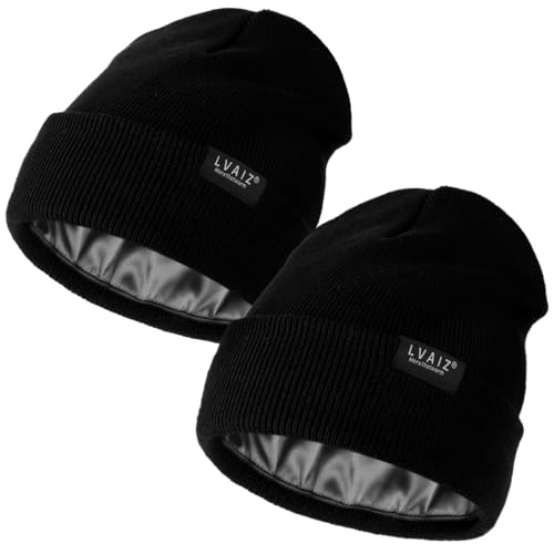 Image of 2 Pack Satin Lined Beanies for Men and Women Warm Cuffed Winter Hats | 60% cotton and 40% acrylic knit with smooth satin lining, stretch fit, cuffed ear coverage, and two-hat value for winter wear