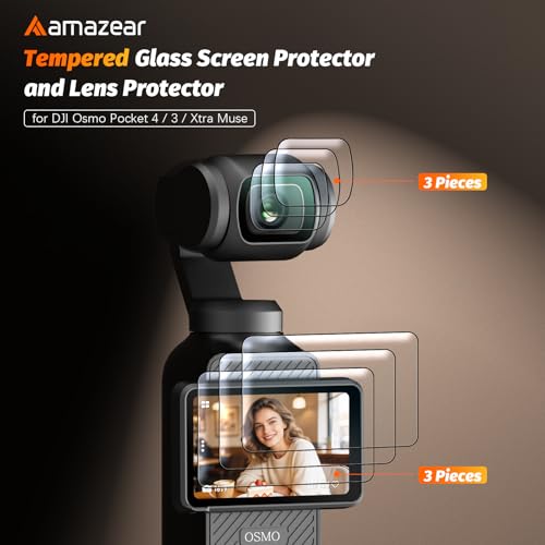 Image of AMAZEAR Lens Screen Protector for DJI Osmo Pocket 3 Accessories (6 Pack), Pocket3 Tempered Glass Screen Protector OLED Display, Full Protection, Ultra HD, 9H Hardness, Scratch Resistant