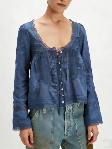 Image of Women Summer Sheer Tie Front Top Y2k Peplum Chiffon Blouse Eyelet Long Sleeve Flowy Lace Beach Cover Up Boho Tops