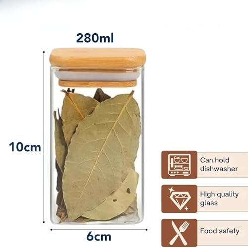 Image of Airtight Square Glass Storage Jar with Bamboo Lid, 280ml Pack of 12 | Borosilicate Multipurpose Kitchen Container for Coffee, Tea, Sugar, Masala, Spices & Dry Fruits | Transparent Pantry Organizer