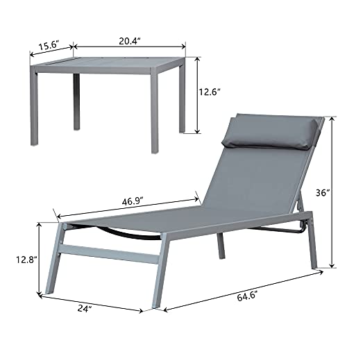 3 Pieces Patio Chaise Lounge Set (2021 New) - Adjustable Steel Textilene Chaise Lounge Set Outdoor Lounge Chair Set Sunbathing Recliner with Headrest and Coffee Table by domi outdoor living, Gray