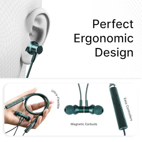 Image of pTron Tangentbeat in-Ear Wireless Headphones w /HD Mic, Deep Bass, 10mm Drivers, Clear Calls, BT5.0, Dual Device Pairing, Fast Charging, Magnetic Buds, Voice Assistant & IPX4 Neckband (Navy Green)