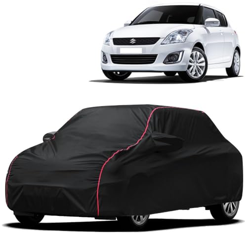 Image of Waterproof Car Cover for Maruti Suzuki Swift | All-Weather Protection, Dustproof & UV Resistant | Triple Stitched Mirror Pockets, Windproof Buckle Strap with Elastic Hem, Black-Red Piping