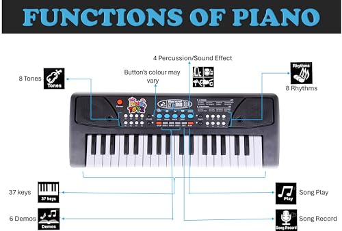 Image of Kids Piano Keyboard with Mic | 37 Keys, 8 Rhythms, 8 Tones & 6 Demo Songs | Electronic Musical Toy for Boys & Girls Age 2-5 | Educational & Recording Keyboard for Beginners - Black