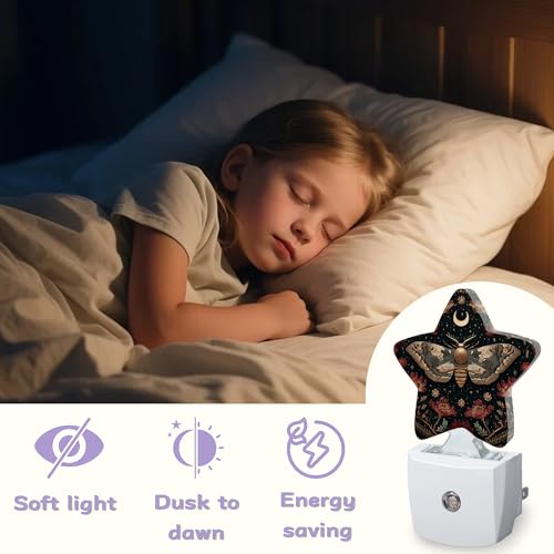 Image of Black Poppy Moth Nightlights Plug in Wall,Mushroom Moon Decorative Star Lamp with Automatic Lighting for Living Space,Gentle Glow for Kids Room,Hallway,Bathroom