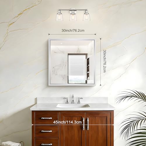 Image of 30 x 30 inch Brushed Silver Bathroom Mirror, Metal Framed Square Mirror, 0.6 inch Thickened Deep Frame Mirrors for Living Room Bedroom Entryway, Tempered Glass, Antirust, Horizontal or Vertical