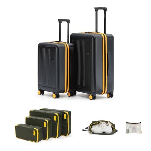 Image of MOKOBARA Transit Travel Combo - Polycarbonate Cabin & Checkin Luggage Set with Silent Wheels Lock (Black & Yellow) with 6-Piece Packing Cube Organizer Set, Shoe Bag & Toiletry Pouch for Travel (Green)