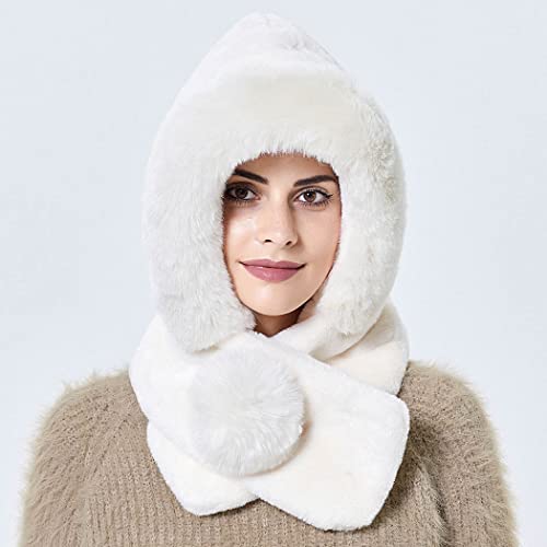 Campsis Winter Faux Fur Hooded Scarf Hat Wool Furry Hat with Scarf 2 in 1 Thick Plush Scarf with Hat Skiing Cycling3