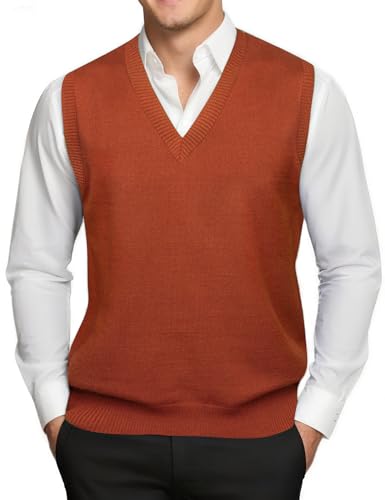Barry.Wang Rusty Red Mens Sweater Vest V Neck Sleeveless Knitted Pullover Solid Color Slim Fit Sweaters Tops Casual Daily
