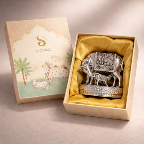 Image of Svastika 999 Silver Plated Kamdhenu Cow with Calf Idol | 2.5 Inch Kamadhenu Gomatha Vastu Showpiece | Kaamdhenu Idol for Puja | Anniversary Wedding Housewarming Gift