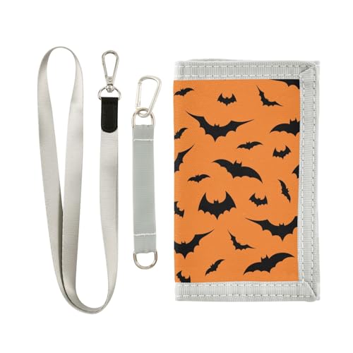JHKKU Halloween Bats Kids Wallet for Boys Girls, Teen Canvas Trifold Purse with Zipper Coin Pocket