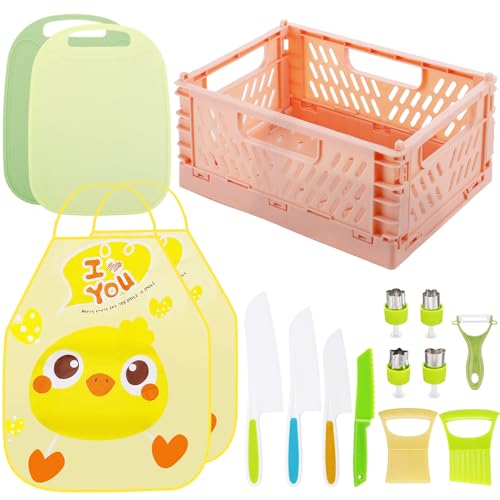 Kids Knife Set for Real Cooking - Safe Kitchen Tools for Toddlers Kids Gifts Cooking Set with Basket Apron Plastic Safe Knife Cutting Board Sandwich Cutters Peeler for 4, 5, 6, 7 Years