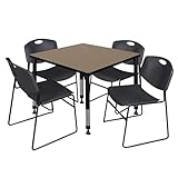 Romig Trek 36 in. Square Adjustable Classroom Table- Noble Oak Top, Black Base & 4 Black Zeng Stack Chairs