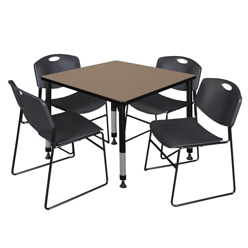 Romig Trek 36 in. Square Adjustable Classroom Table- Noble Oak Top, Black Base & 4 Black Zeng Stack Chairs