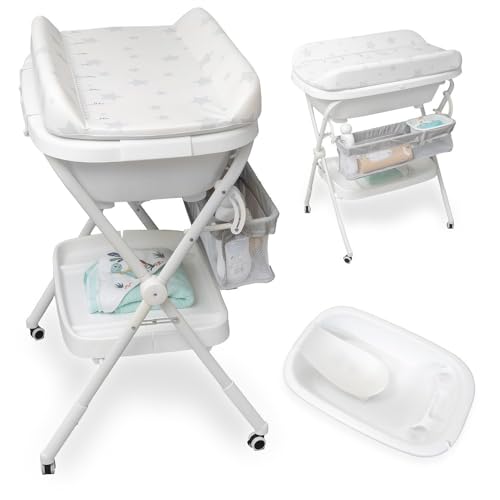 Interbaby |Bañera Bebe Plegable con Cambiador y Hamaca extraíble| Bañera Plegable Bebé con Taza para Enjuague, Antideslizante, Tapón hermético | portatil, Fácil de Guardar, Cómoda,modelo Dino