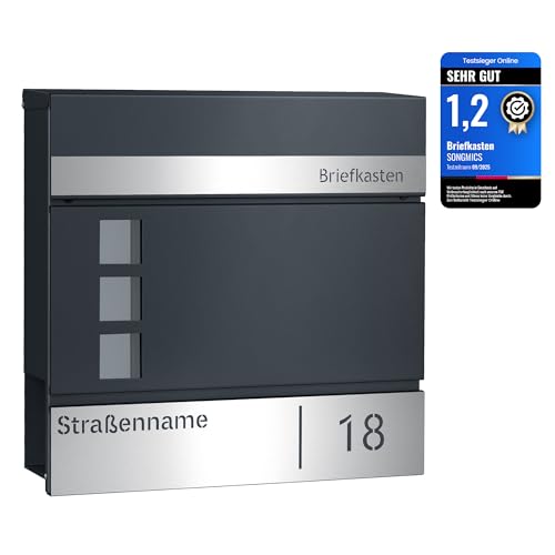 SONGMICS Briefkasten personalisiert, mit Namensschild, Hausnummernschild, Postkasten, Zeitungsfach, Sichtfenster, Schloss, modern, einfache Montage, anthrazit-silbern GMB081G01