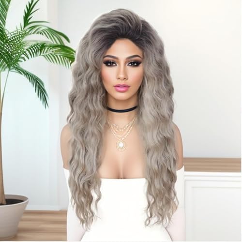 Image of GNIMEGIL 26 Inch Long Wavy Wigs for Women Ombre Grey Wig Synthetic Natural Curly Wig Fluffy Part Hairstyle for Daily Party Halloween Costume Cosplay Wigs with Hairpin