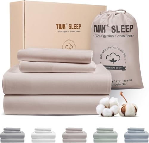 Image of TWK 1200 TC 100% Egyptian Long-Staple Cotton Bedding Sheets Set, Luxury Hotel Style Deep Pocket with Elastic Reinforced Seams Sheet Set, Soft & Comfy Natural Sheets(Sand King)