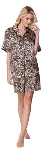 Women's Short Sleeve Classical Silky Satin Pajamas, Short Bottom Down Woven PJ Set (Small, Leopard)