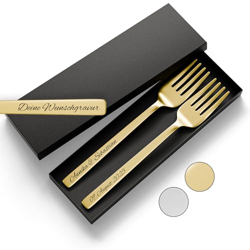 SMARTEON Gabel Set mit personalisierter Gravur – Hochzeitsgeschenke für Brautpaar, Geburtstag, Jubiläum, Geschenkidee für Paare – Kuchengabeln...