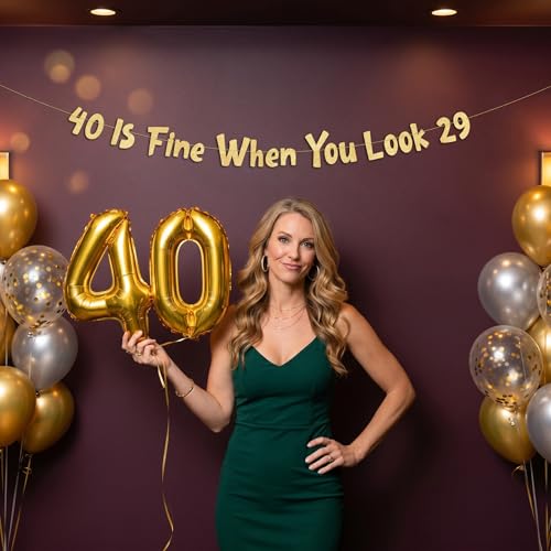 Image of Pre-Strung 40 Is Fine When You Look 29 Gold Glitter Banner - 40th Birthday Decorations for Men and Women - Birthday Party Supplies and Gifts