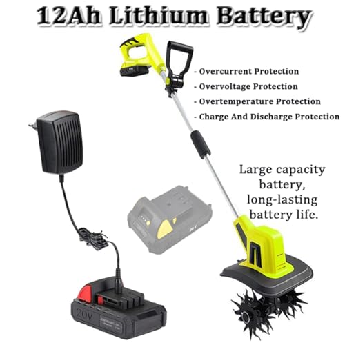 Motozappa elettrica senza fili da 20 V, coltivatore a basso rumore con larghezza di 10,5 cm/25 cm, profondità 25 cm/22 cm, 250/270 giri/min per prato e giardinaggio