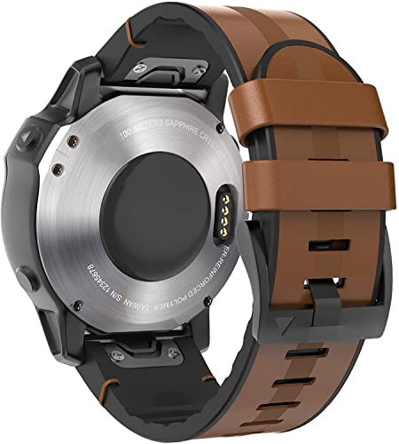 Image of Zitel Band Compatible with Garmin Fenix 8 AMOLED 51mm /8 Pro 51mm, Fenix 7X /7XPro, 6X /6X Pro, 5X /5X Plus, 3 /3 HR, Descent MK1 /2i /3i, Enduro 3 /2 - Leather Integrated with Silicone Sport Strap - Brown