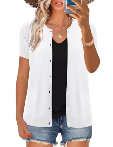 Image of FreshNight Women's 2025 Short Sleeve Cardigan Button Up Hollowed Out Crewneck Shrug Sweaters Knit Sweater Tops Lightweight
