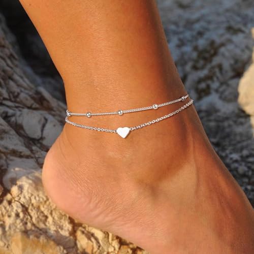 Image of Ritach Ankle Bracelets for Women - Silver /Gold Plated Stainless Steel Anklets for Women Waterproof Layered Cuban Link Figaro Chain Heart Anklets Set Summer Beach Jewelry Gifts