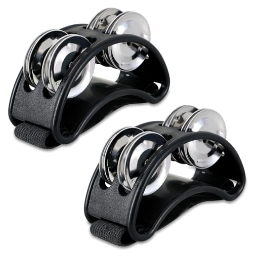 EASTROCK Foot Tambourine Percussion Musical Instrument Foot Percussion with Steel Jingle Bells for Drum Guitar Playing Black 2 PCS