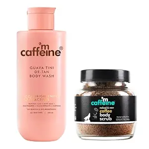 mCaffeine De‐Tan and Exfoliating Body Combo | 1% Glycolic Acid Guava Detan Body Wash 300ml & Coffee Body Scrub for Tan Removal & Soft-Smooth Skin | Brightens, Hydrates, Reduces Dark Spots & Evens Tone |
