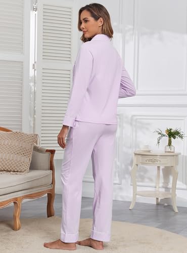 Image of Veseacky 100% Cotton Women's Pajama Set Long Sleeve Button Down Sleepwear Soft Pjs Lounge Sets Nightwear Pjs XS-XXL