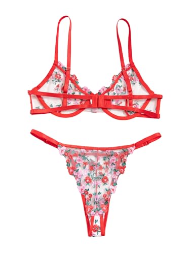 Image of Lilosy Sexy Floral Embroidered Mesh Sheer Underwire Lingerie Set