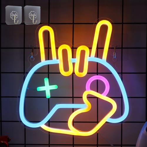 CooPark Cartel de neón de juego, decoración de pared LED, luz de neón de mano de roca con alimentación por USB, amantes de la música de estudio, fiesta bar, decoración de dormitorio, regalos creativos