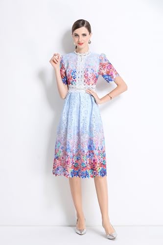 Image of LAI MENG FIVE CATS Women's Lace Floral Short Sleeve Crochet Waist Cocktail Midi Dress