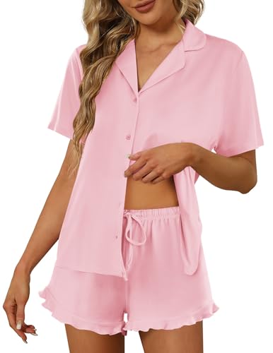 Image of Ekouaer Pajamas Set for Women Short Sleeve Sleepwear Button Down Pjs Lounge Sets Soft Nightwear