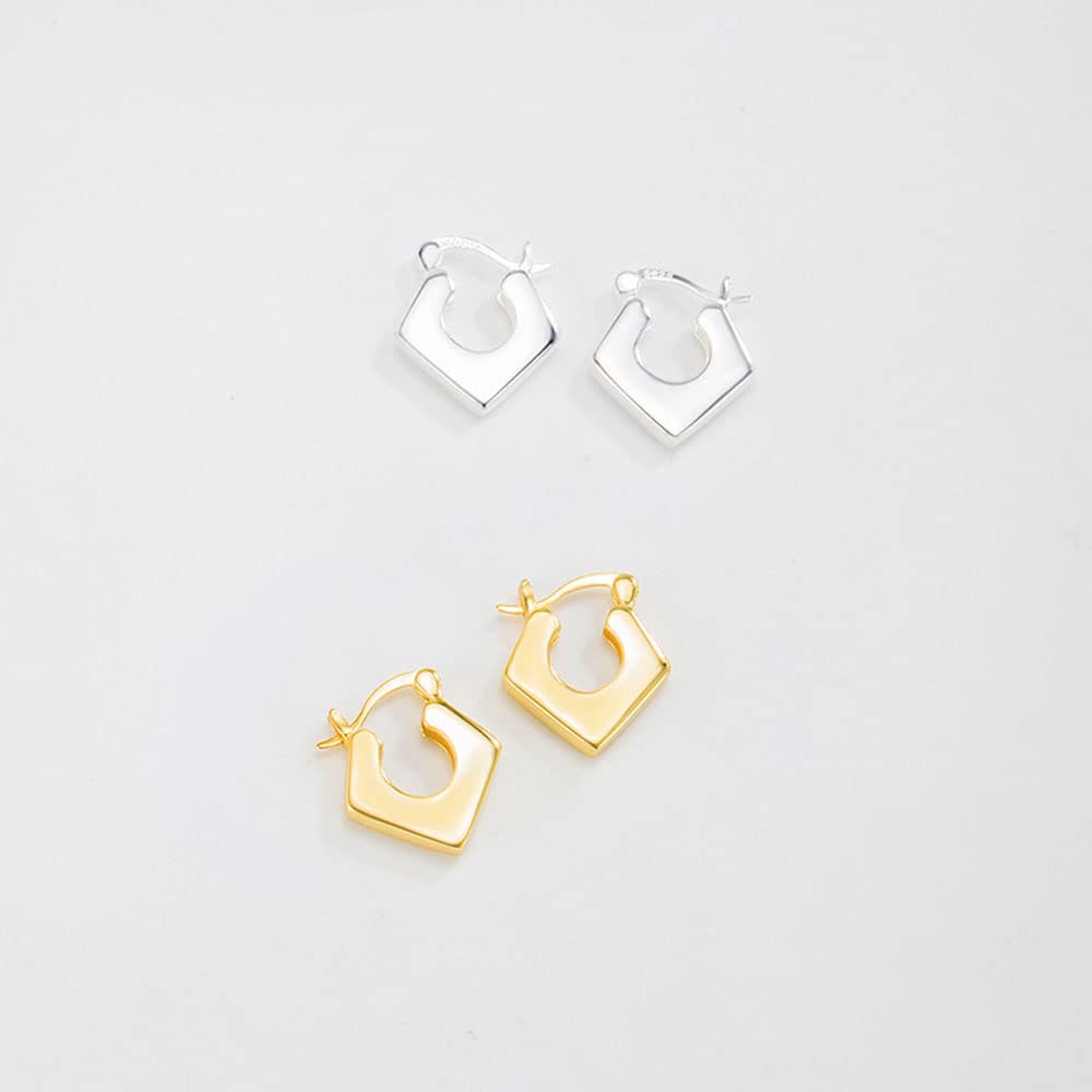 Pendientes de aro de rombo de geometría Gruesa de Plata de Ley para Mujer, Regalos de joyería encantadores de Trabajo pequeño de Alto Sentido