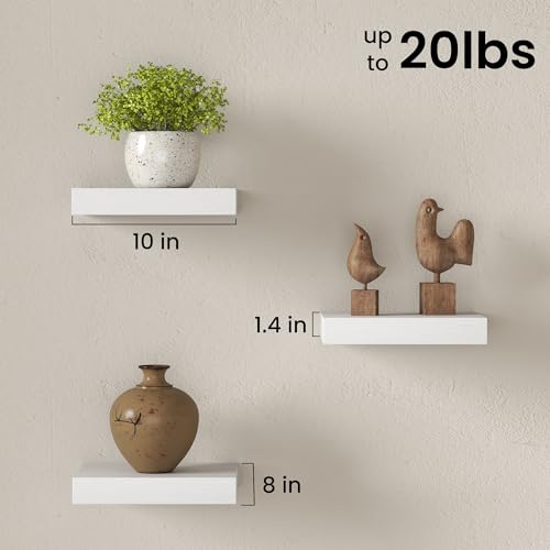 Image of Fun Memories Floating Shelves for Wall with Invisible Brackets, 10 Inch Wall Mounted Wood Shelves with Wood Grain for Living Room, Bedroom, Bathroom, Kitchen Decor and Storage, White - Set of 3