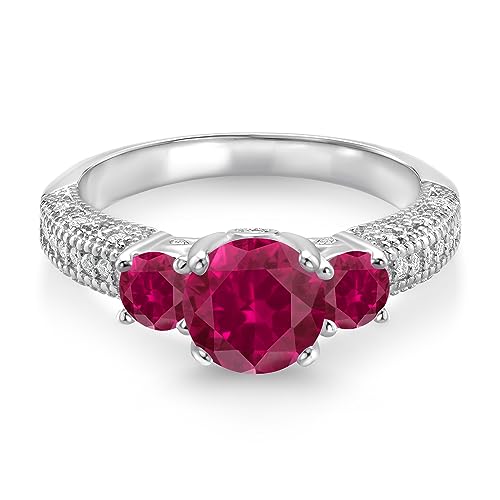 Gem Stone King 925 Sterling Silver Red Created Ruby and White Moissanite Engagement Ring For Women (2.13 Cttw, Round 7MM and 4MM, Available In Size 5, 6, 7, 8, 9)2