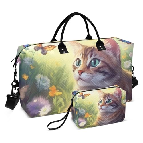 Large Travel Duffel Bag, Cait and Butterflies Sports Tote Gym Bag, Shoulder Weekender Overnight Bag for Women Men, Carry On Luggage with Toiletry Bags