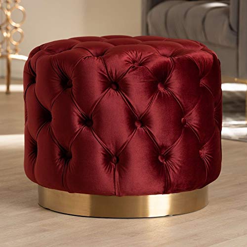 Glam Furniture Ottoman Pouf Burgundy Red Color Button Tufted Striking Brushed Gold Finish Sheen Rich Velvet Pouf Foam Padding Solid Pattern Luxury Home Decor | Round Ottoman Pouf