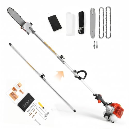 Homdox 58CC Gas Pole Saw 2-Cycle Gas Powered Tree Trimmer with 11.5 Guide Bar 16FT Reach Extension Pole Saw for Tree Trimming & Pruning Includes 2 Chains 2 Spark Plugs & Shoulder Strap Red