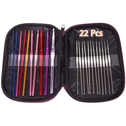 Image of VIRADHAM 22-Piece Mixed Aluminum & Steel Crochet Hooks Set - Ergonomic Handles, Knitting & Weaving Needles for Yarn, Crafting Tools with Zipper Case (22 Pcs Multicolor)